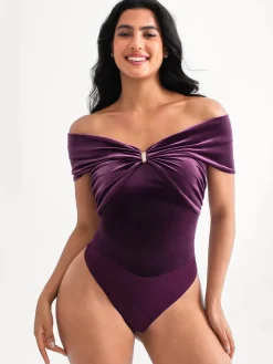 Velvet Twist Front Off-The Shoulder Sculpting Bodysuit