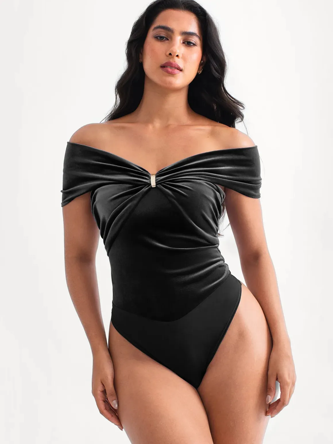 Velvet Twist Front Off-The Shoulder Sculpting Bodysuit