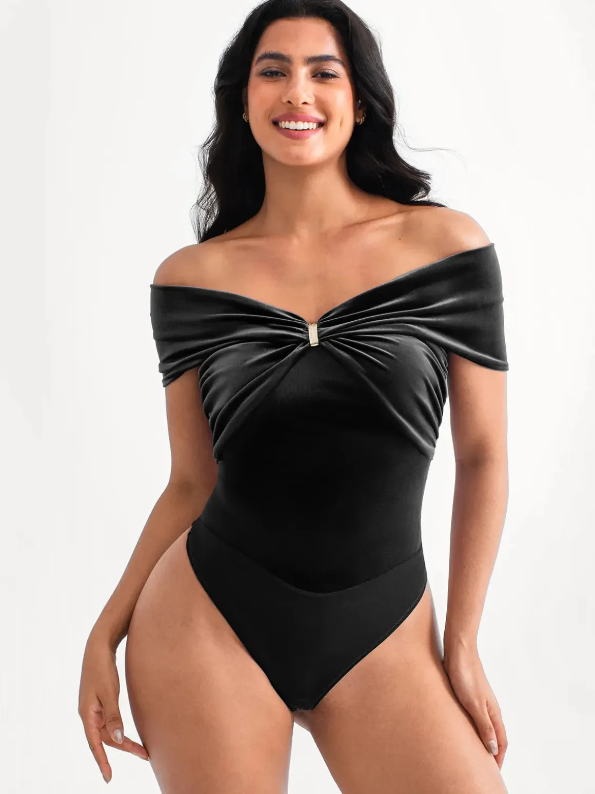 Velvet Twist Front Off-The Shoulder Sculpting Bodysuit