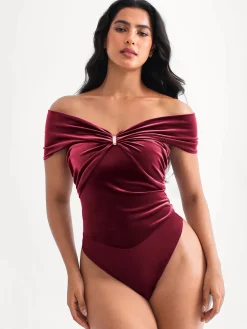 Velvet Twist Front Off-The Shoulder Sculpting Bodysuit