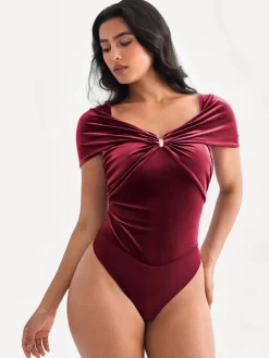 Velvet Twist Front Off-The Shoulder Sculpting Bodysuit