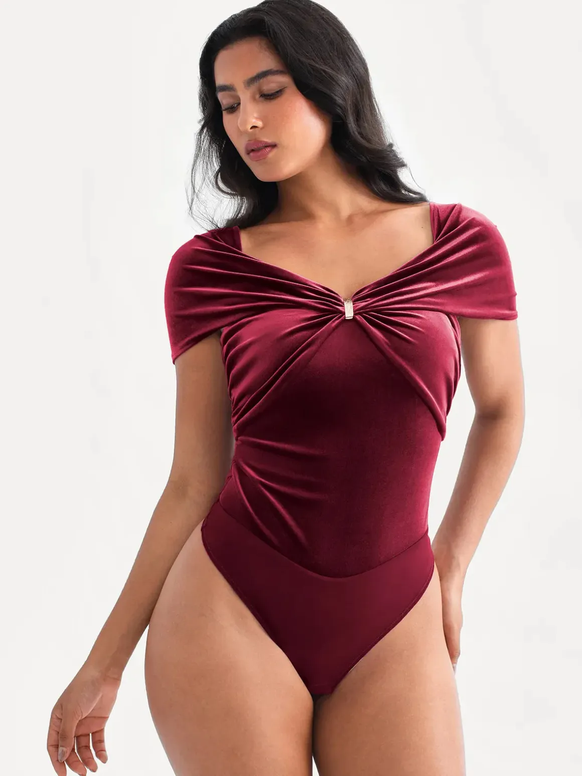 Velvet Twist Front Off-The Shoulder Sculpting Bodysuit