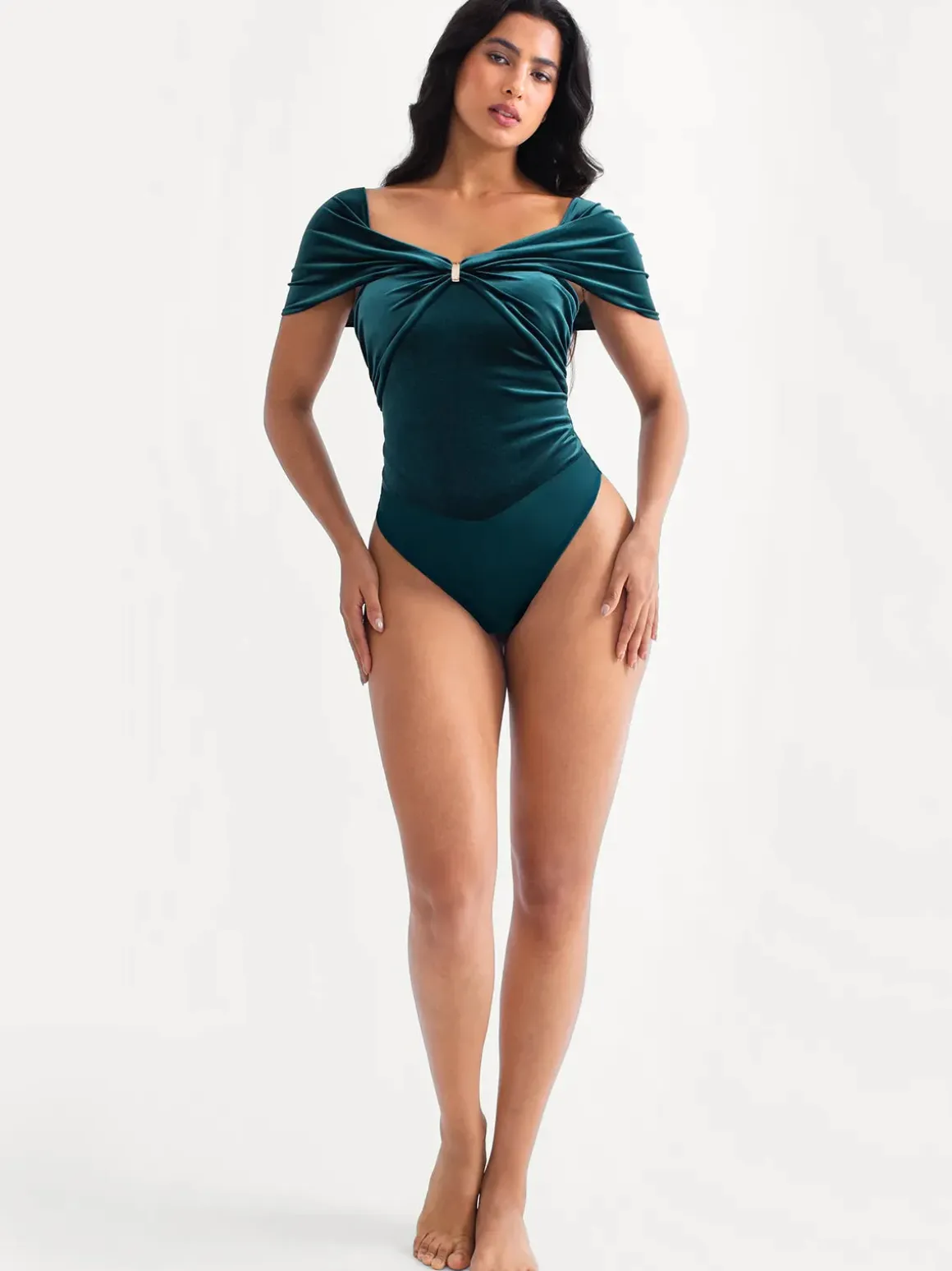 Velvet Twist Front Off-The Shoulder Sculpting Bodysuit