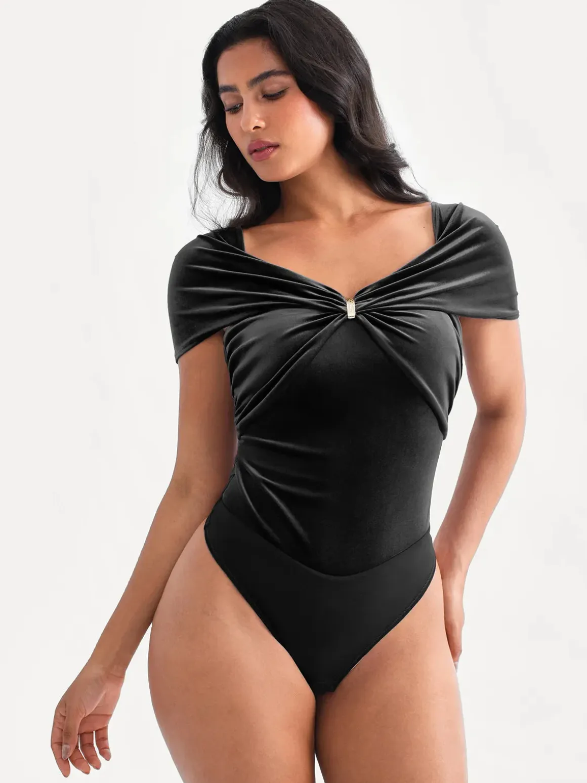 Velvet Twist Front Off-The Shoulder Sculpting Bodysuit