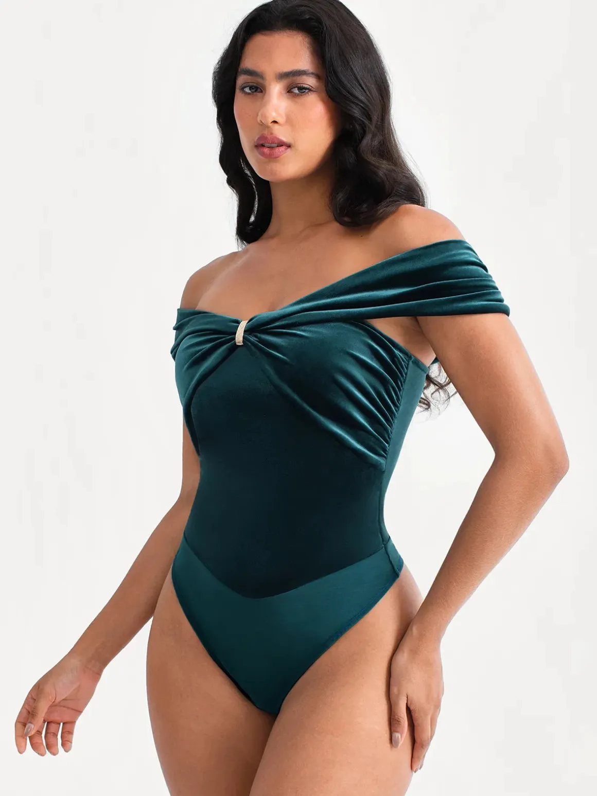 Velvet Twist Front Off-The Shoulder Sculpting Bodysuit