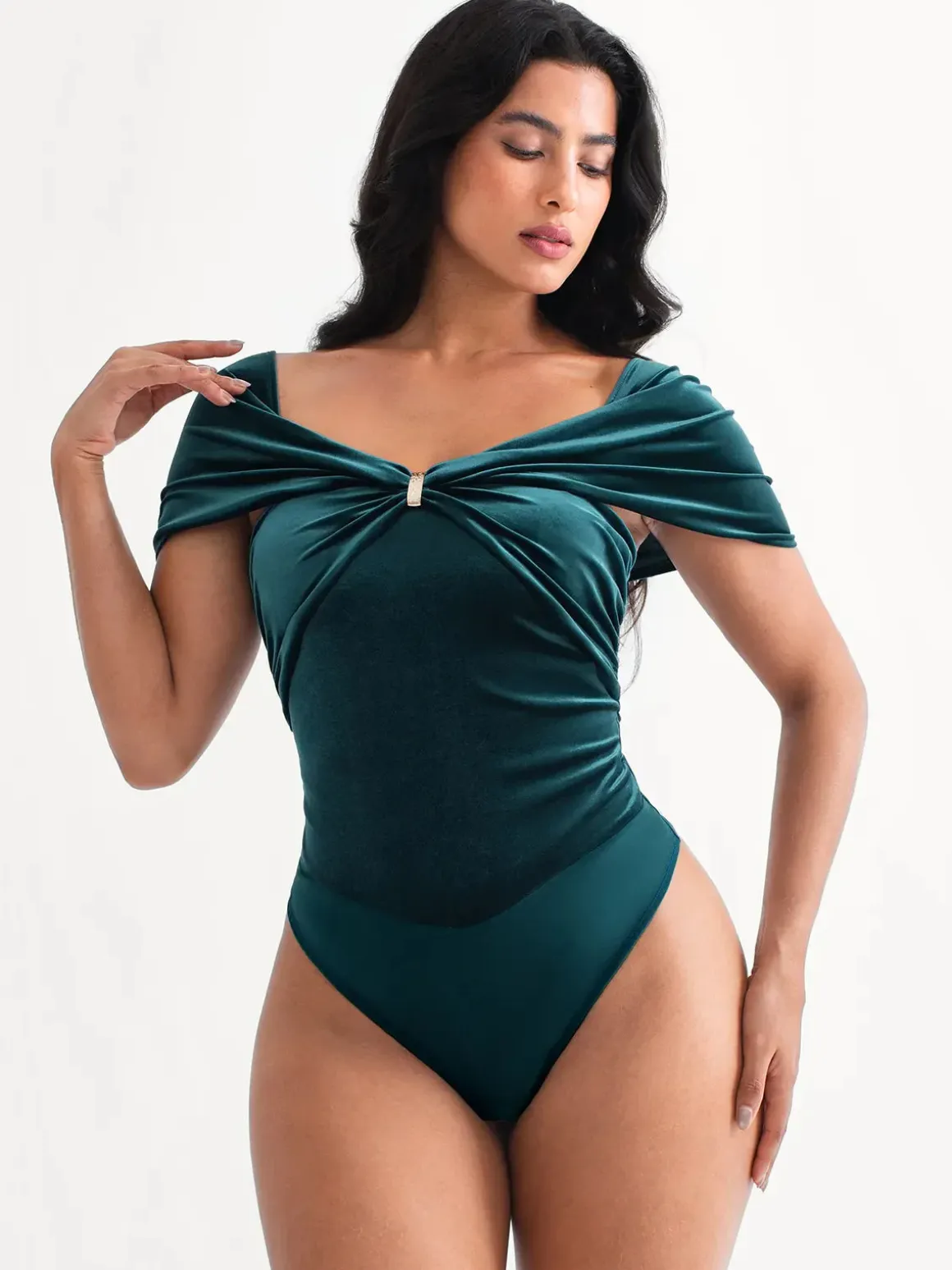 Velvet Twist Front Off-The Shoulder Sculpting Bodysuit